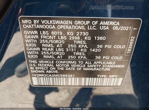 1V2RR2CA2MC589391 2021 VOLKSWAGEN ATLAS Blue Вид підкапотного простору