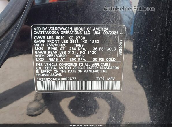 1V2RR2CA8MC609577 2021 VOLKSWAGEN ATLAS Black Widok komory silnika