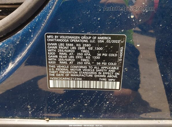 1V2SC2CA5NC212364 2022 VOLKSWAGEN ATLAS Blue Widok komory silnika