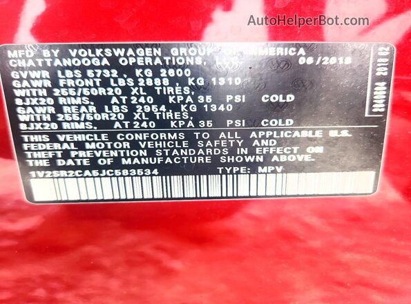 1V2SR2CA5JC583534 2018 VOLKSWAGEN ATLAS Red Панорамний вид салону 360°