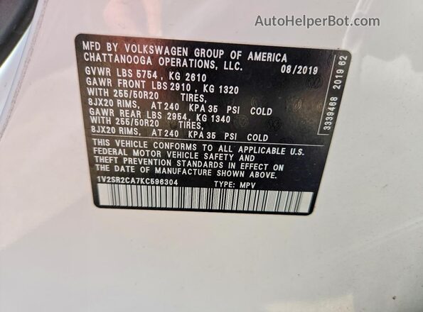 1V2SR2CA7KC596304 2019 VOLKSWAGEN ATLAS White 
