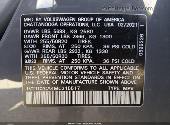1V2TC2CA4MC215517 2021 VOLKSWAGEN ATLAS Серый Вид подкапотного пространства