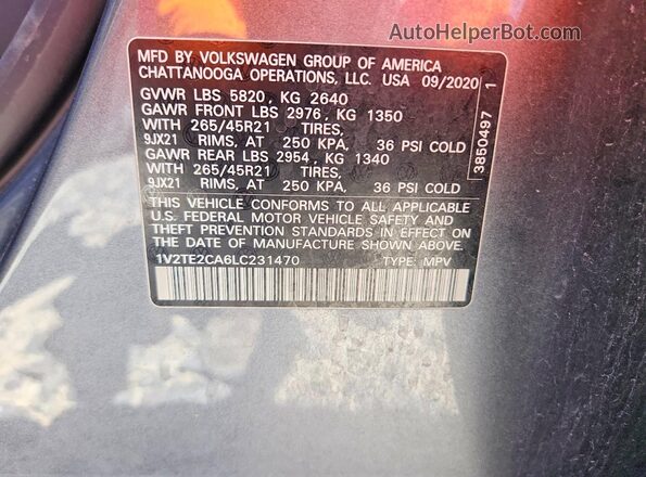 1V2TE2CA6LC231470 2020 VOLKSWAGEN ATLAS Gray VIN կոդի պիտակի տեսք