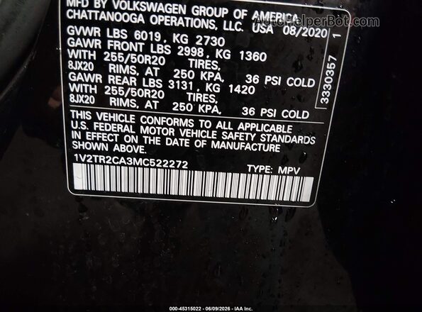 1V2TR2CA3MC522272 2021 VOLKSWAGEN ATLAS Black Вид підкапотного простору