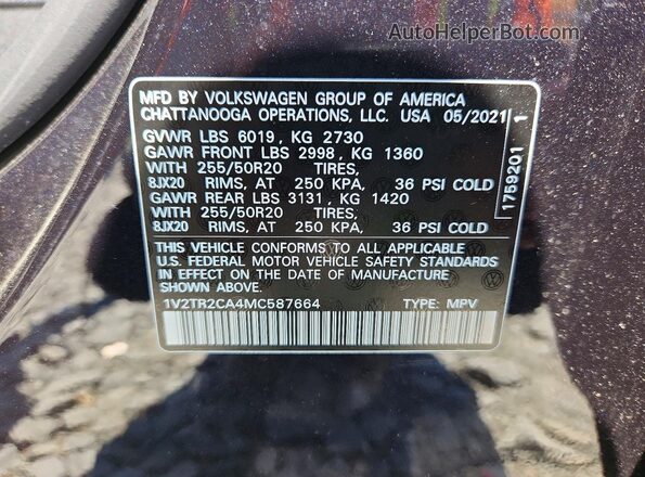 1V2TR2CA4MC587664 2021 VOLKSWAGEN ATLAS Black VIN sticker view