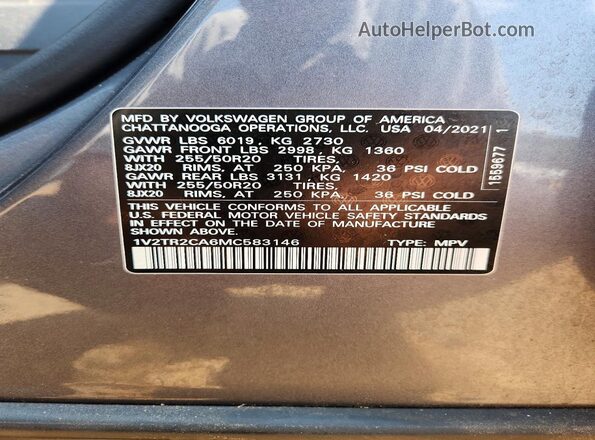 1V2TR2CA6MC583146 2021 VOLKSWAGEN ATLAS Gray Вид підкапотного простору