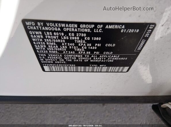 1V2UR2CA3KC537890 2019 VOLKSWAGEN ATLAS White Вид підкапотного простору