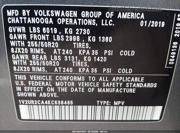 1V2UR2CA4KC538465 2019 VOLKSWAGEN ATLAS Gray Շարժիչի բաժամունքի տեսք