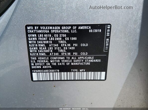 1V2UR2CA8KC550179 2019 VOLKSWAGEN ATLAS Silver Vista del compartimento del motor