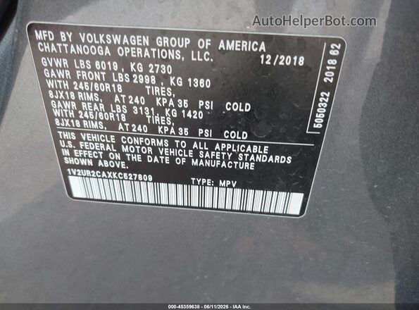 1V2UR2CAXKC527809 2019 VOLKSWAGEN ATLAS Gray Вид підкапотного простору