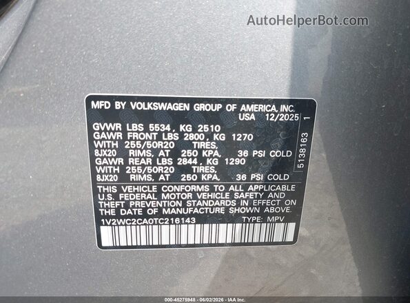 1V2WC2CA0TC216143 2026 VOLKSWAGEN ATLAS Gray 