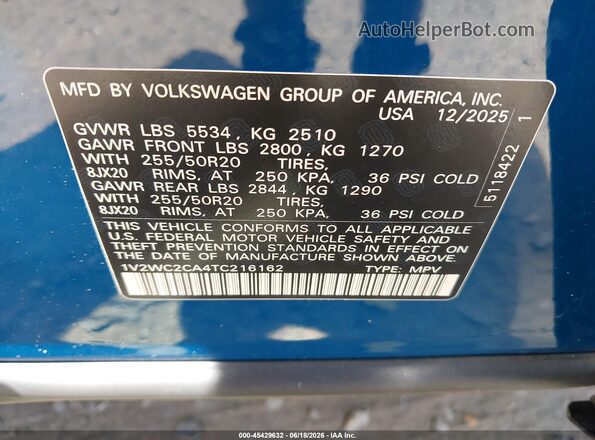 1V2WC2CA4TC216162 2026 VOLKSWAGEN ATLAS Синий 