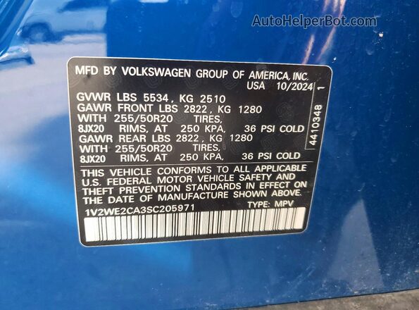 1V2WE2CA3SC205971 2025 VOLKSWAGEN ATLAS Blue Вид підкапотного простору