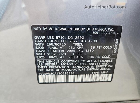 1V2WN2CA1TC525338 2026 VOLKSWAGEN ATLAS Gray Vista interior de 360 grados