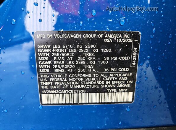 1V2WN2CA5TC521938 2026 VOLKSWAGEN ATLAS Синий 