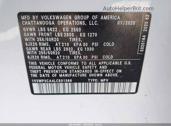 1V2WP2CA4LC501366 2020 VOLKSWAGEN ATLAS White Вид підкапотного простору