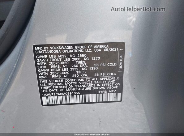 1V2WP2CA6MC591055 2021 VOLKSWAGEN ATLAS Silver Vista del compartimento del motor