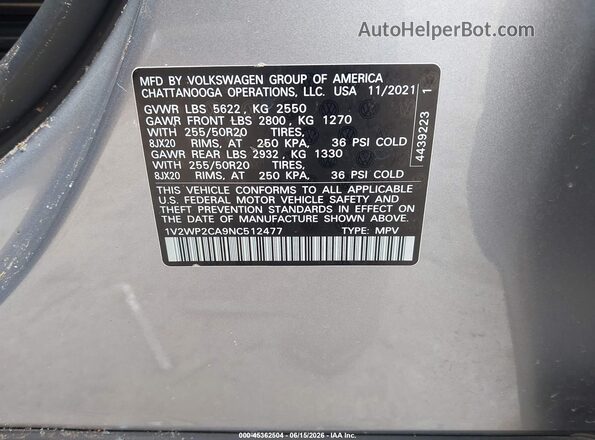 1V2WP2CA9NC512477 2022 VOLKSWAGEN ATLAS Gray Vista del compartimento del motor