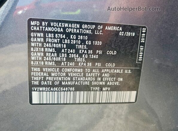 1V2WR2CA0KC546765 2019 VOLKSWAGEN ATLAS Gray 
