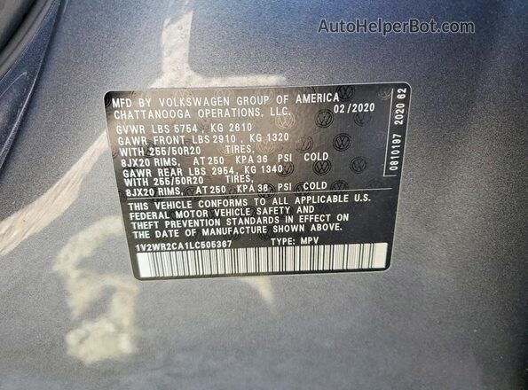 1V2WR2CA1LC505367 2020 VOLKSWAGEN ATLAS Gray 