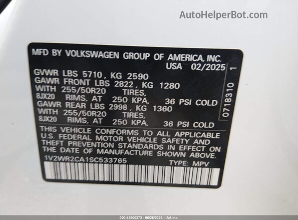 1V2WR2CA1SC533765 2025 VOLKSWAGEN ATLAS White Widok komory silnika