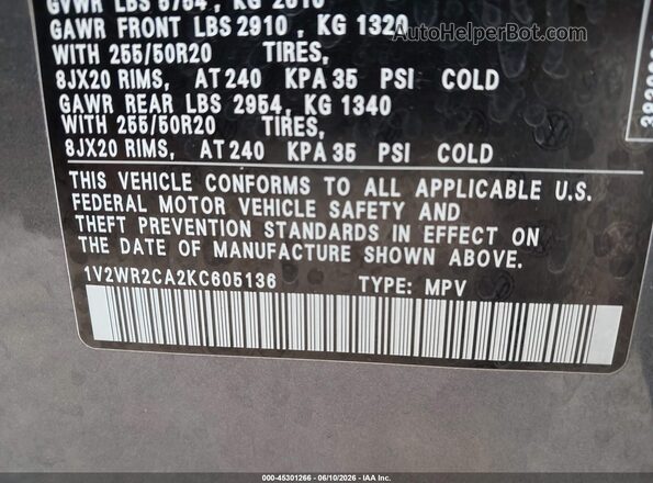 1V2WR2CA2KC605136 2019 VOLKSWAGEN ATLAS Gray Engine compartment view