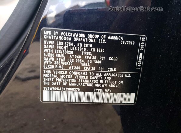 1V2WR2CA3KC608370 2019 VOLKSWAGEN ATLAS Black Widok naklejki z numerem VIN