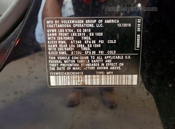 1V2WR2CA3KC624035 2019 VOLKSWAGEN ATLAS Black Widok naklejki z numerem VIN