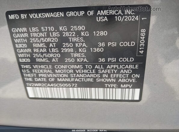 1V2WR2CA4SC505572 2025 VOLKSWAGEN ATLAS Silver ძრავის განყოფილების ხედი