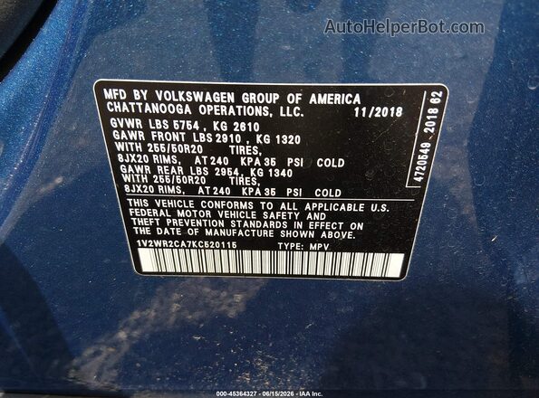 1V2WR2CA7KC520115 2019 VOLKSWAGEN ATLAS Синий Вид подкапотного пространства