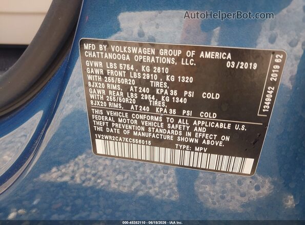 1V2WR2CA7KC556015 2019 VOLKSWAGEN ATLAS Blue ძრავის განყოფილების ხედი
