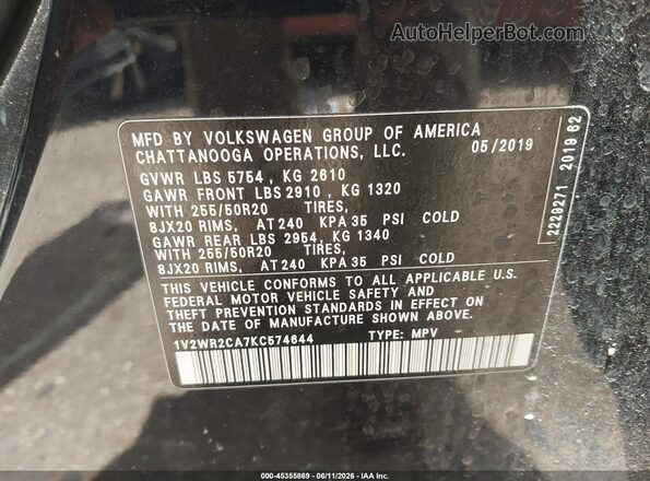 1V2WR2CA7KC574644 2019 VOLKSWAGEN ATLAS Black Vista del compartimento del motor