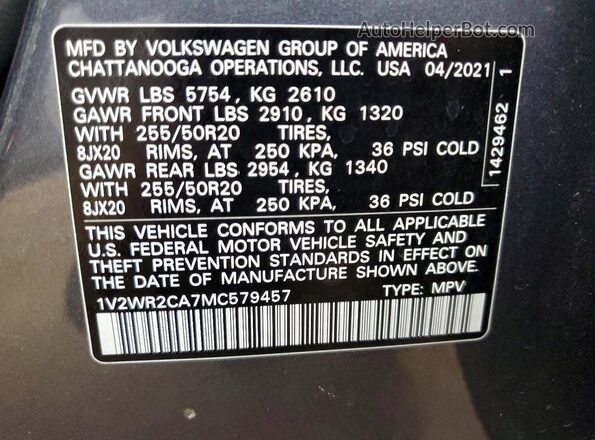 1V2WR2CA7MC579457 2021 VOLKSWAGEN ATLAS Серый 