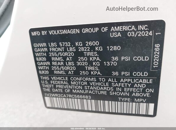 1V2WR2CA7RC566683 2024 VOLKSWAGEN ATLAS White Вид підкапотного простору