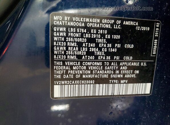 1V2WR2CAXKC623092 2019 VOLKSWAGEN ATLAS Blue Սալոնի 360 աստիճան տեսք