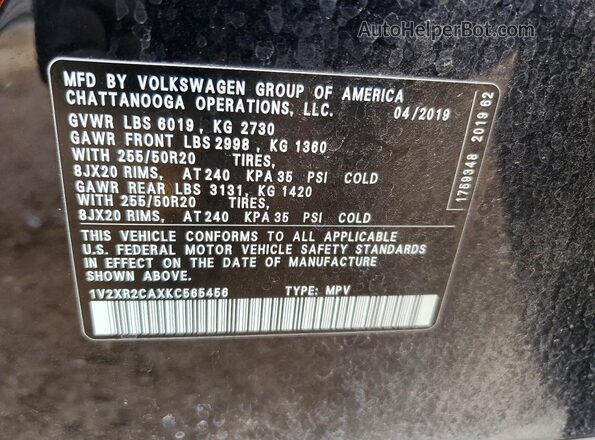 1V2XR2CAXKC565456 2019 VOLKSWAGEN ATLAS Black Вид наклейки з VIN-кодом