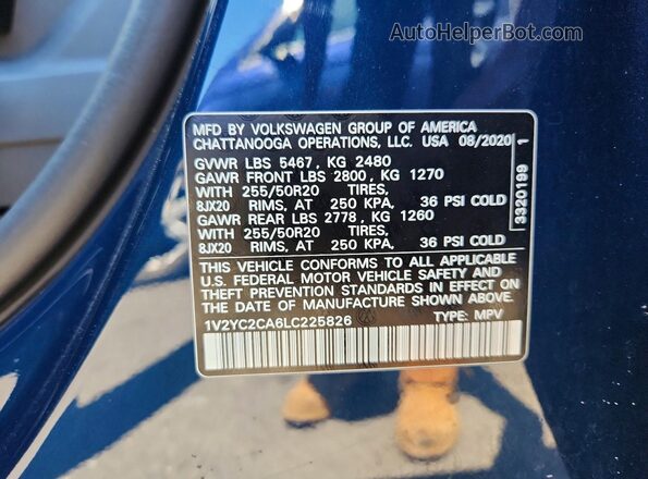1V2YC2CA6LC225826 2020 VOLKSWAGEN ATLAS Blue Vista de la etiqueta del VIN