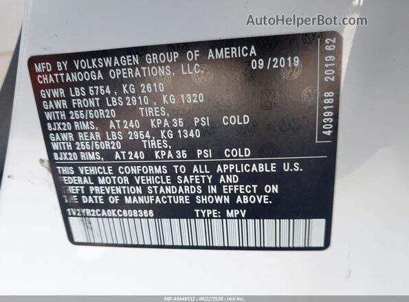 1V2YR2CA0KC608366 2019 VOLKSWAGEN ATLAS White 