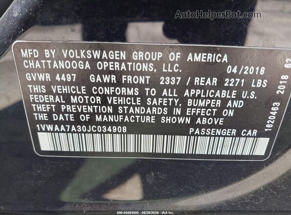 1VWAA7A30JC034908 2018 VOLKSWAGEN PASSAT Black Вид підкапотного простору