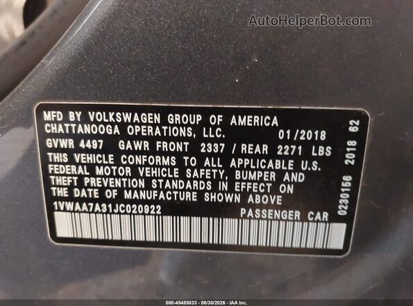 1VWAA7A31JC020922 2018 VOLKSWAGEN PASSAT Серый Вид подкапотного пространства