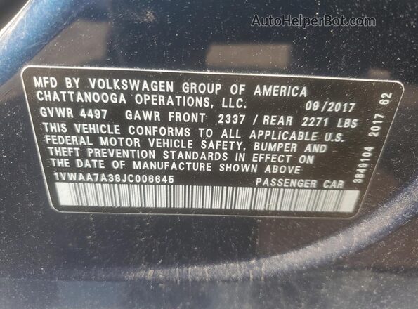 1VWAA7A38JC006645 2018 VOLKSWAGEN PASSAT Blue Vista del compartimento del motor