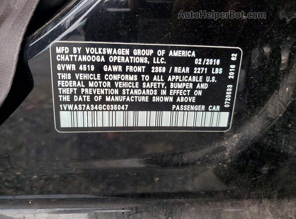 1VWAS7A34GC035047 2016 VOLKSWAGEN PASSAT Black VIN sticker view