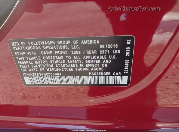 1VWAS7A34GC063964 2016 VOLKSWAGEN PASSAT Темно-бордовый Вид подкапотного пространства