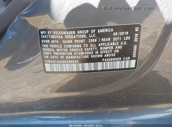 1VWAS7A34GC069540 2016 VOLKSWAGEN PASSAT Silver Vista del compartimento del motor