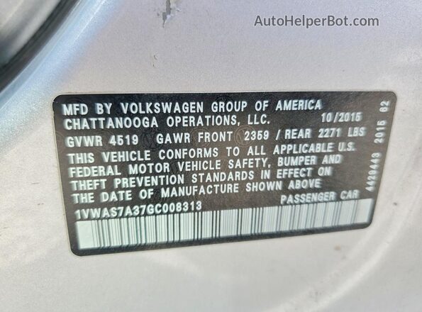 1VWAS7A37GC008313 2016 VOLKSWAGEN PASSAT Silver ძრავის განყოფილების ხედი