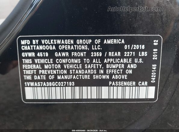 1VWAS7A38GC027193 2016 VOLKSWAGEN PASSAT Black Вид підкапотного простору