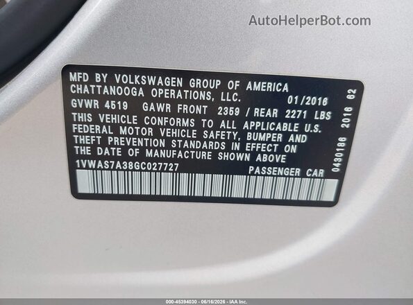 1VWAS7A38GC027727 2016 VOLKSWAGEN PASSAT Silver Շարժիչի բաժամունքի տեսք