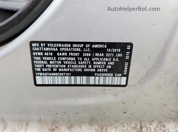 1VWAS7A39GC007101 2016 VOLKSWAGEN PASSAT Silver 