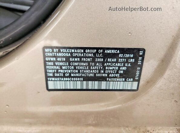 1VWAS7A39GC035805 2016 VOLKSWAGEN PASSAT Brown Vista del compartimento del motor