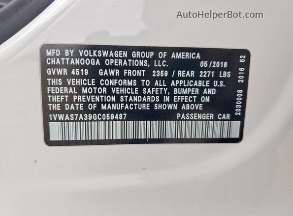 1VWAS7A39GC059487 2016 VOLKSWAGEN PASSAT White 